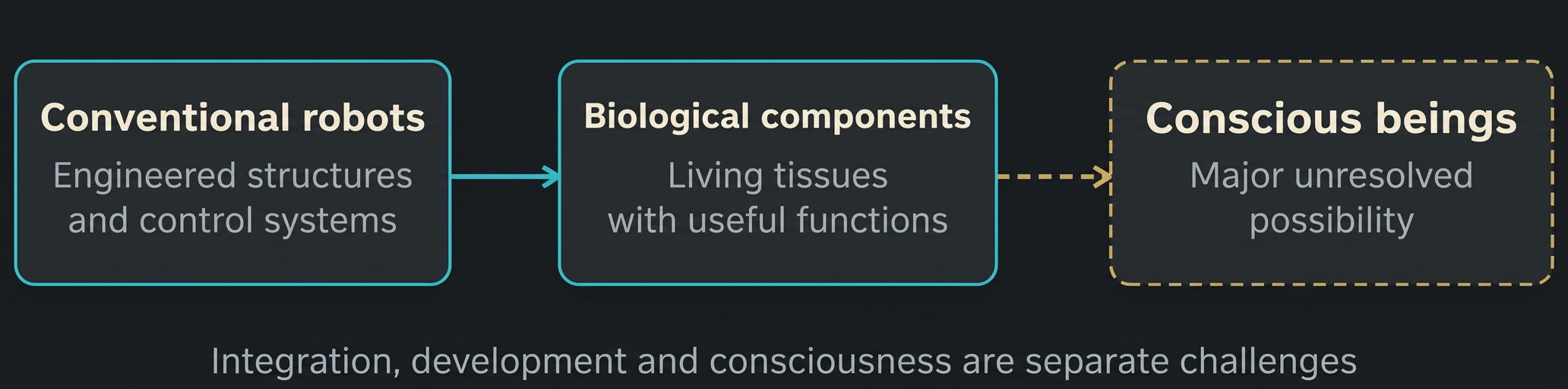 Figure 5 A conceptual pathway from conventional robots to biological beings. The dashed transition marks an unresolved possibility, not a forecast or development schedule.