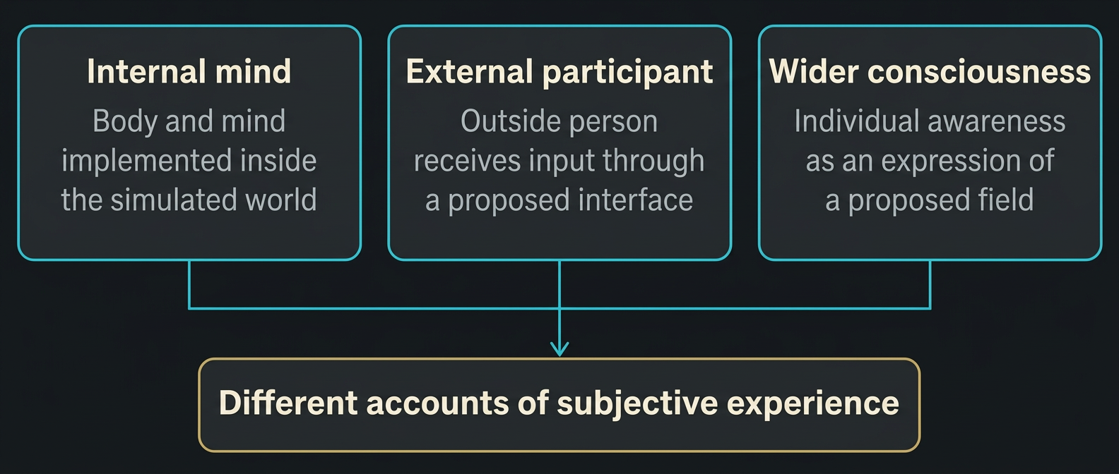 Figure 9 Three hypothetical accounts of a participant. An external body or consciousness is an added premise in the second and third accounts. None is established as a description of us.